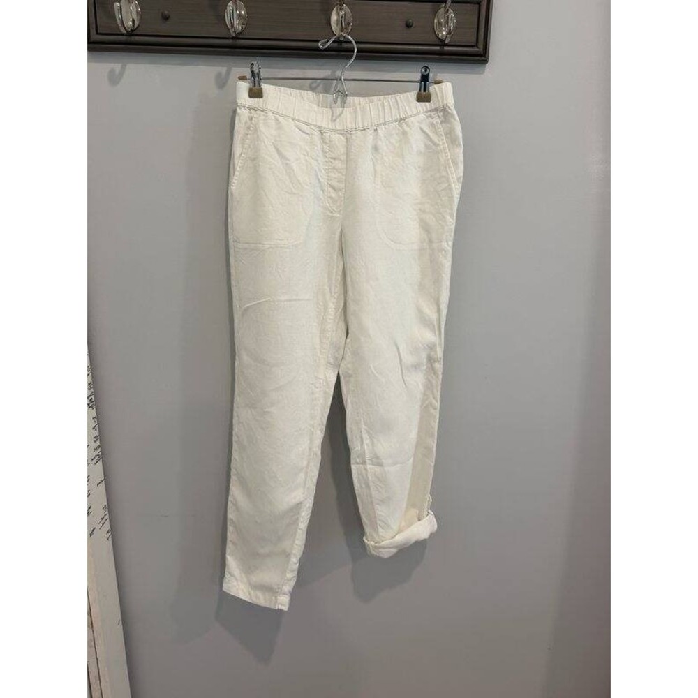 J Jill Pure Jill Straight Leg White Linen Pants Roll Button Tab Adjustable XS